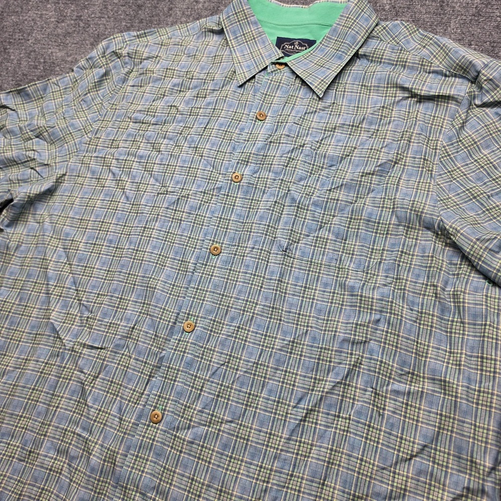 Nat Nast Luxury Originals 100% Silk Plaid Camp Shirt Mens XL Blue Green